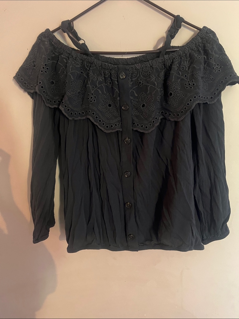 Maurices Black Off-Shoulder Eyelet Button-Front Blouse